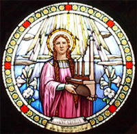 St Caecilia Stained Glass Window, Our Lady of Mount Carmel, Bristol, Rhode Island, USA